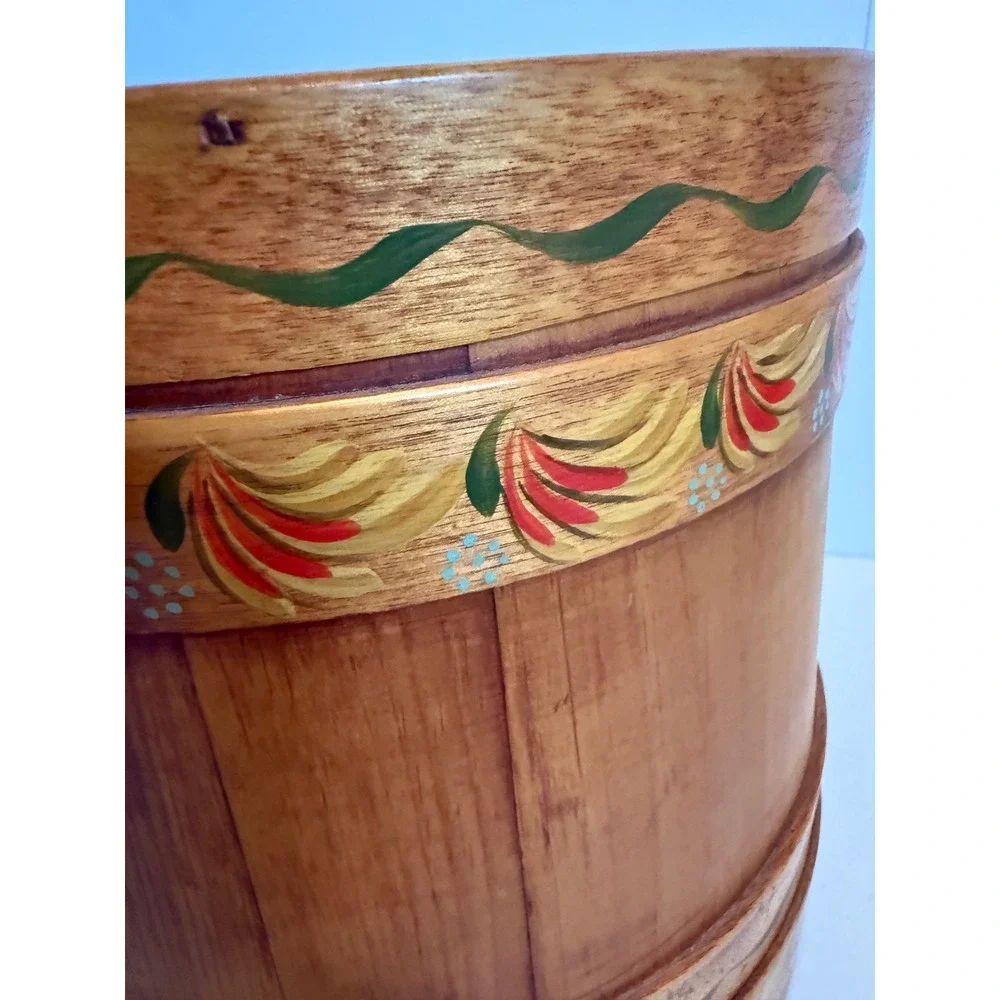 VTG Firkin Hand Painted Wooden Sewing Basket Floral Folk Art Lined Bucket Handle